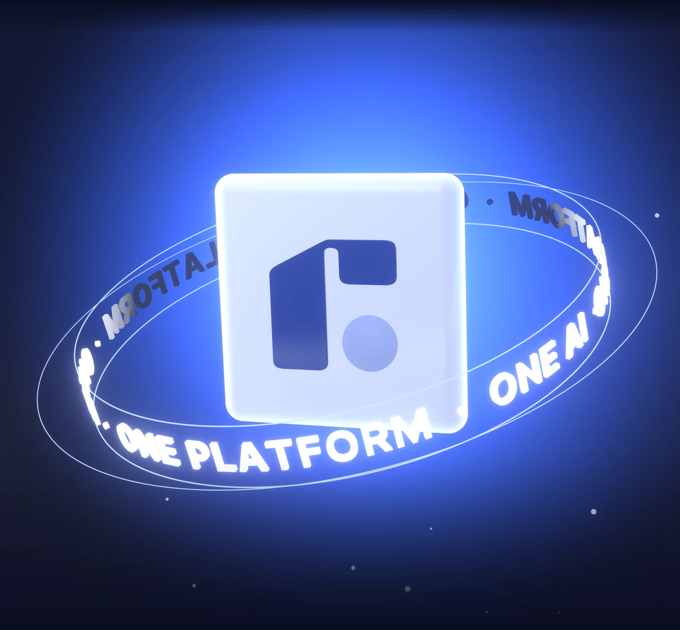 프담 로고 심볼이 새겨진 빛나는 칩과 ONE PLATFORM · ONE AI 고리